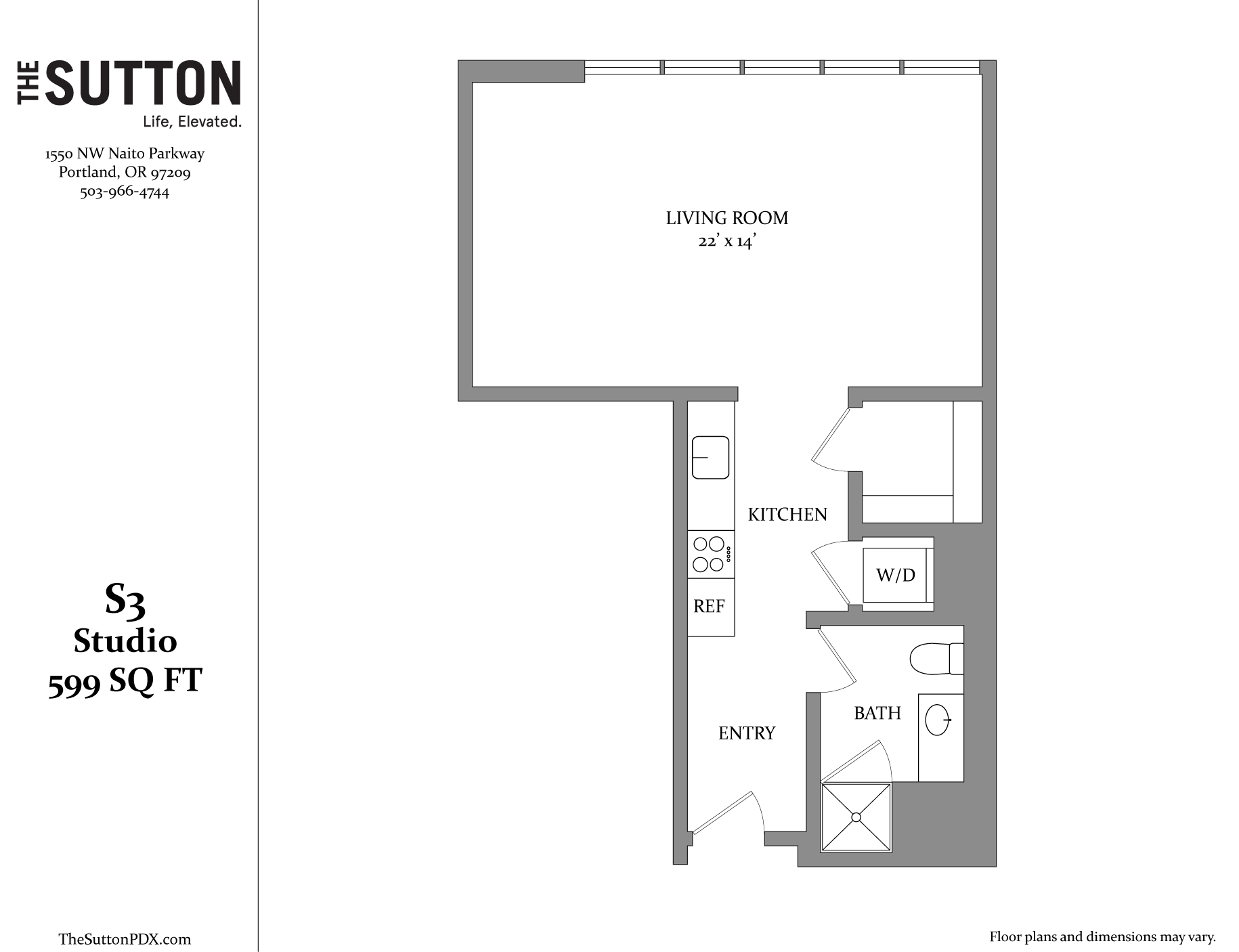 A floor plan for a 599 square foot studio apartment.
