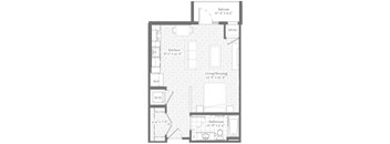 A floor plan of a small apartment with a kitchen, living room, bathroom, and a balcony.