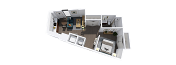 A 3D floor plan of a small apartment with a kitchen, living room, and bedroom.