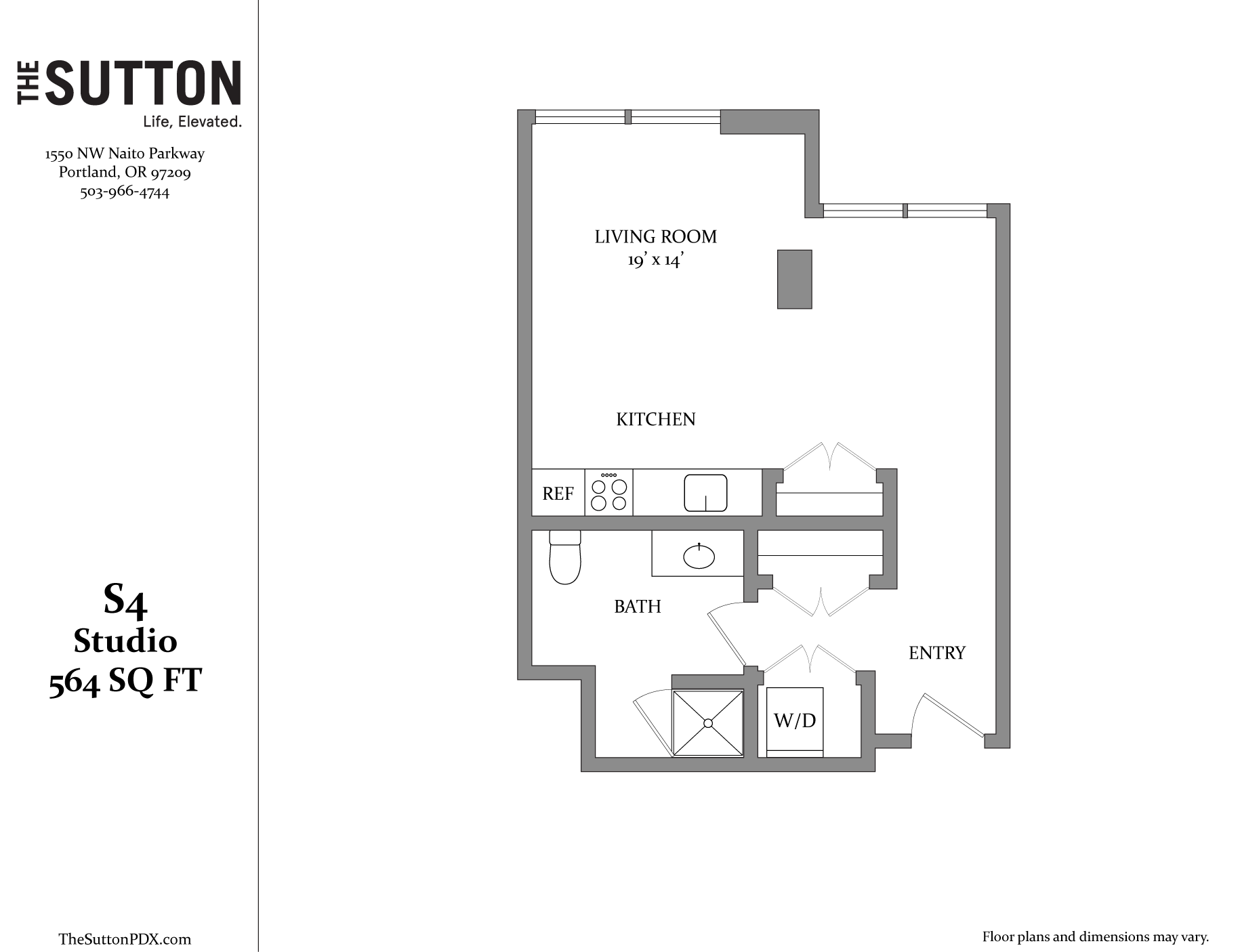 A floor plan for a 564 square foot studio apartment at The Sutton.
