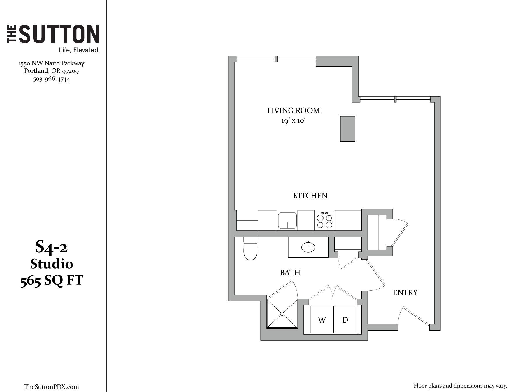 A floor plan for a studio apartment is shown with a living room, kitchen, bath, and entry.