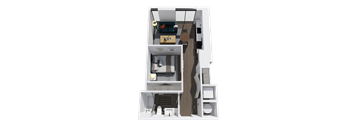A 3D rendered image of a small apartment layout.