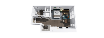 A 3D rendered image of a modern apartment layout.