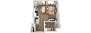 a studio floor plan with a bathroom and a living room