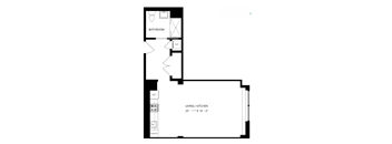 A floor plan of a small apartment with a living room, kitchen, bathroom, and pantry.