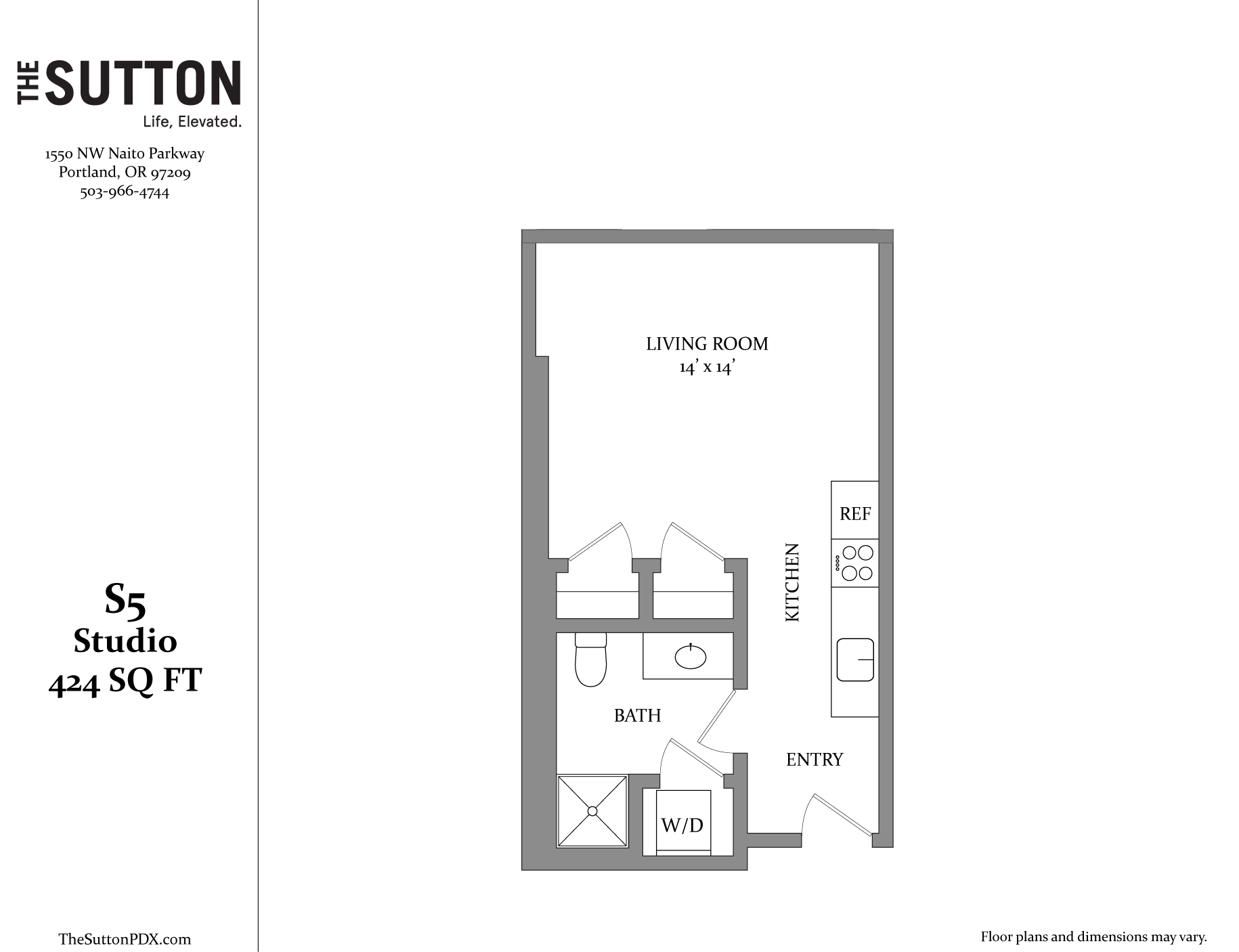 A floor plan for a studio apartment with a living room, kitchen, bath, and entry.
