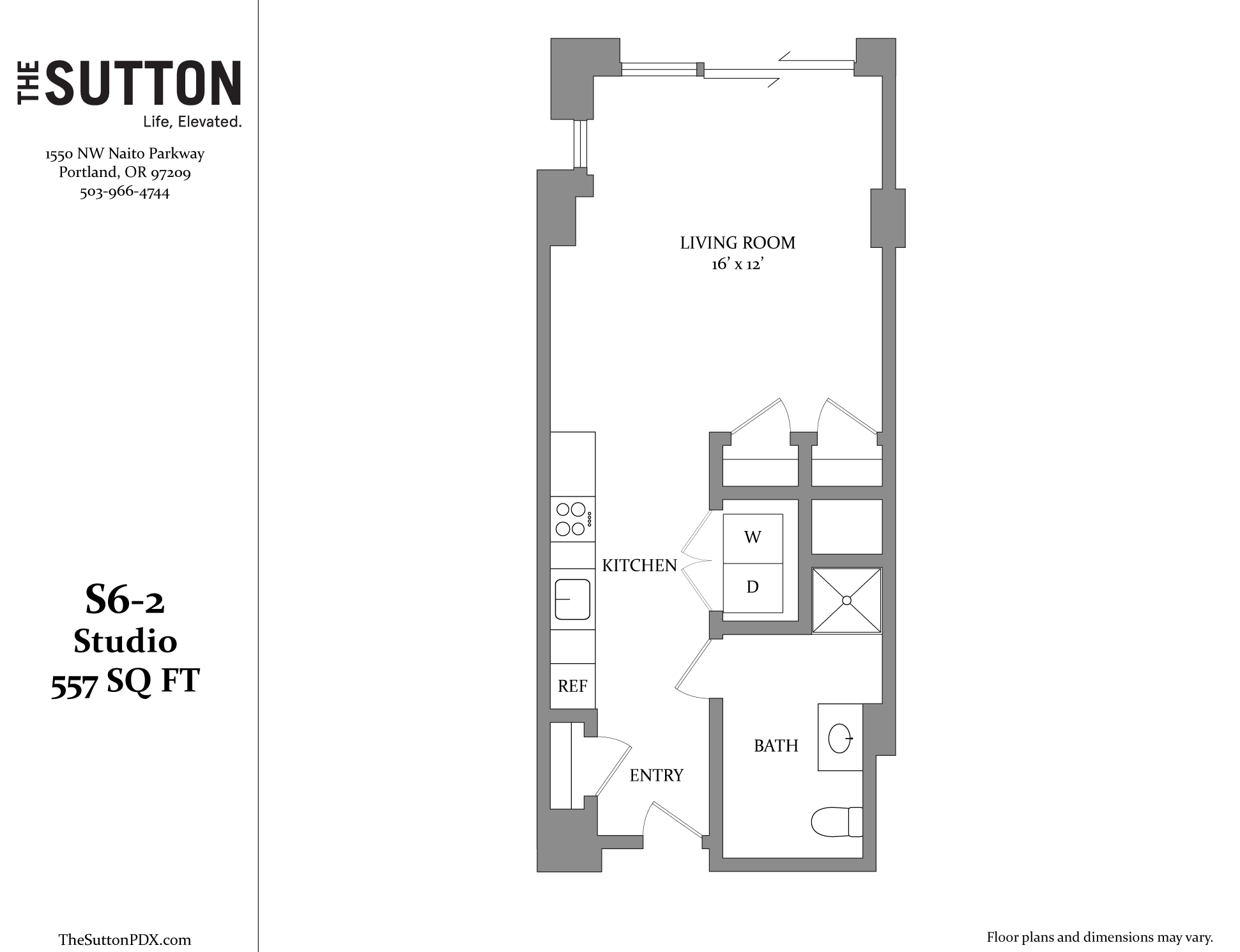 A floor plan for a studio apartment is shown with a living room, kitchen, bathroom and entry.