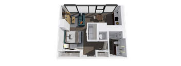 A 3D rendered image of a modern apartment layout.