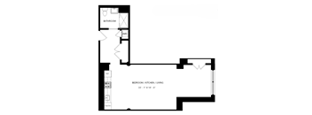 A black and white floor plan of a small apartment with a bathroom, bedroom/kitchen/living area, and a pantry.