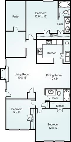 CEDAR Floorplan Cedar, 3 Bed, 2 Bath, 1230 sq. ft.