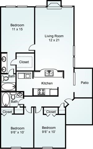 CYPRESS Floorplan Cypress, 3 Bed, 2 Bath, 1250 sq. ft.