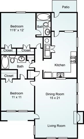 WILLOW Floorplan Willow, 2 Bed, 2 Bath, 1200 sq. ft.