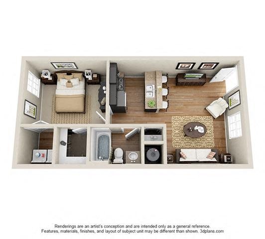 1 Bed, 1 Bath, 566 sq. ft.