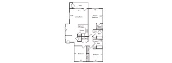 A floor plan of a home with a living room, two bedrooms, a kitchen, pantry, bathrooms and storage.