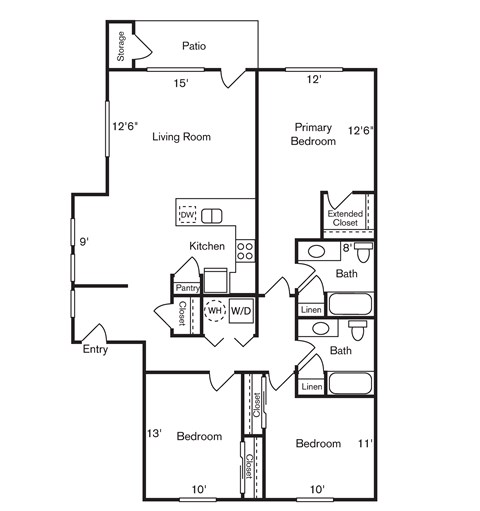 A floor plan of a home with a living room, two bedrooms, a kitchen, pantry, bathrooms and storage.