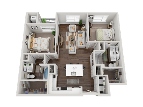 a 3d rendering of a floor plan with a bedroom and living room