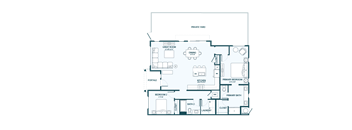 A floor plan of a house with a private yard and two bedrooms.