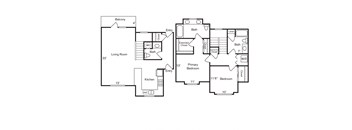 A floor plan of a home with a living room, kitchen, two bathrooms, and two bedrooms.