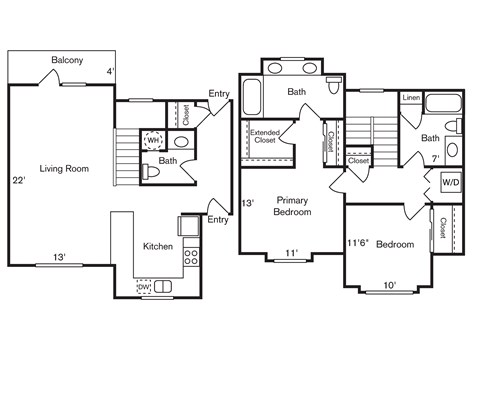 A floor plan of a home with a living room, kitchen, two bathrooms, and two bedrooms.