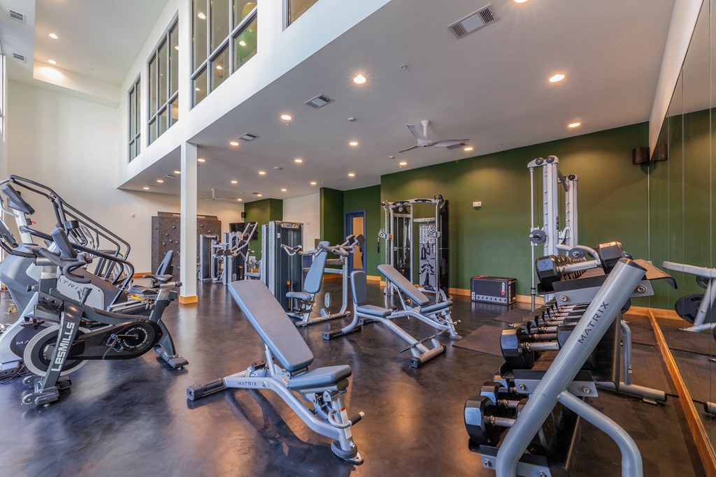 1-Bedroom Apartments in Old East Dallas, TX - 4600 Ross - Multi-Level Fitness Center with Mirror Wall, Free Weights, Cable Machines, Workout Benches, Cardio Equipment, Rock Climbing Wall, and Ceiling Fans.