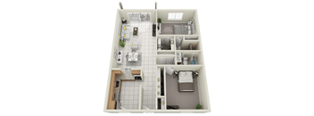 A floor plan of a two-story apartment with a kitchen, living room, and bedrooms.