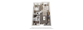 Sage5430 Senior Living Apartments in Norcross, GA A 3D floor plan of a 1b 1b apartment with two bedrooms, a living room, and a kitchen.