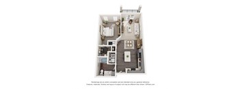 Sage5430 Senior Living Apartments in Norcross, GA 1b 1b A 3D floor plan of a small apartment with a kitchen, living room, and bathroom.