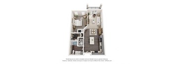 Sage5430 Senior Living Apartments in Norcross, GA 1b 1b A 3D floor plan of a small apartment with a kitchen, living room, and bathroom.
