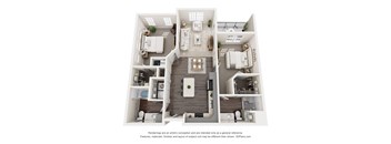 Sage5430_Norcross_Georgia_Apartments 2 x 2 bed & bath 1029 sq ft A 3D floor plan of a house with a kitchen, living room, and two bedrooms.