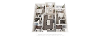 Sage5430_Norcross_Georgia_Apartments 2 x 2 bed & bath 1032 sq ftA 3D floor plan of a house with a kitchen, living room, and two bedrooms.