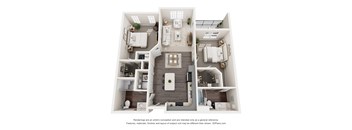 A 3D floor plan of a house with a kitchen, living room, and bathrooms.