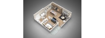 A 3D rendered image of a small apartment layout.