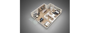 A 3D rendered image of a small apartment layout.