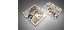 A 3D floor plan of a two-bedroom apartment.