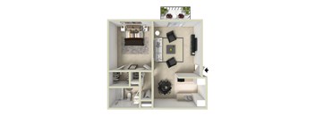 A 3D floor plan of a small apartment with a living room, kitchen, and bathroom.