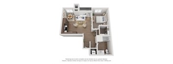 a stylized 3d floor plan with a bedroom and a living room