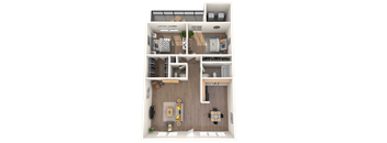 3D floorplan of a two-bedroom apartment at Coronado Springs Apartments in Palm Springs, Florida, showing an open-concept living and dining area, modern kitchen with full appliances, spacious bedroom, bathroom, and private patio or balcony