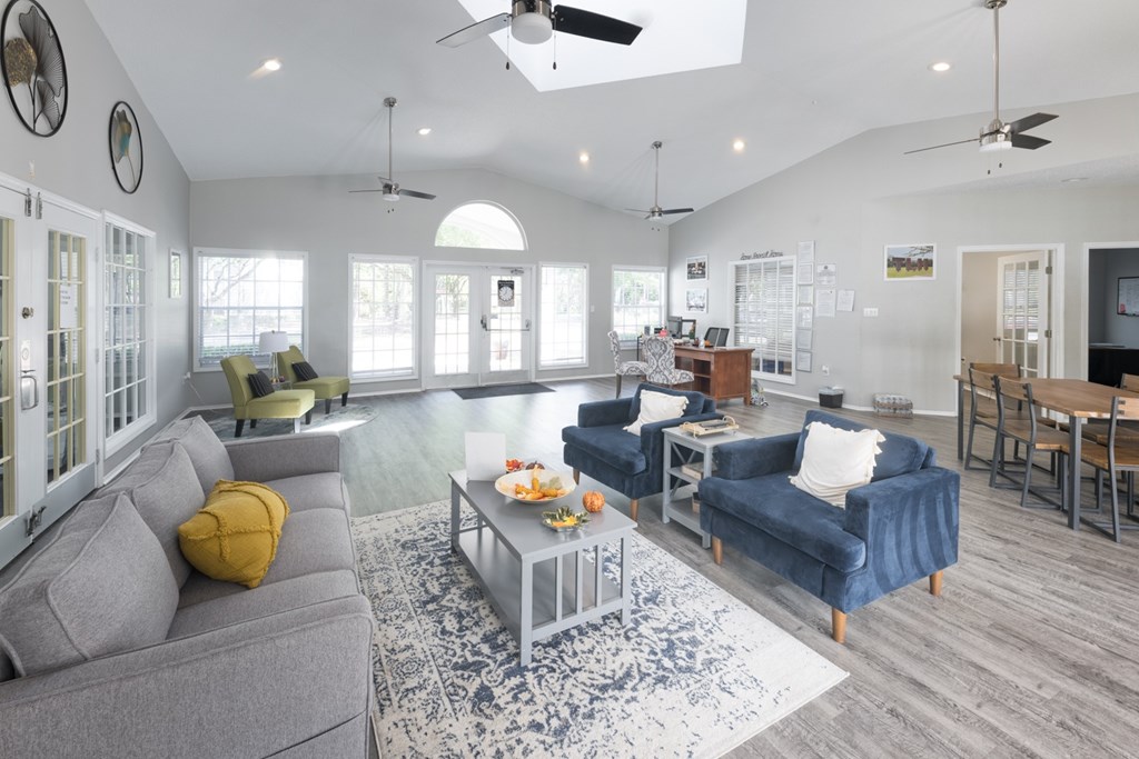 A living room with a grey couch and a blue couch.