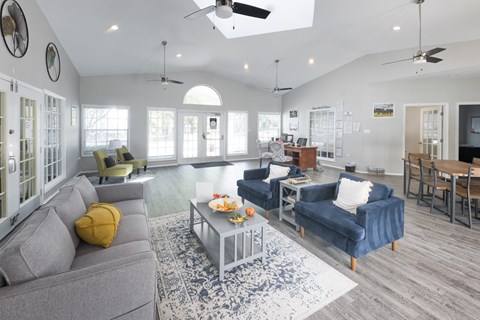 A living room with a grey couch and a blue couch.