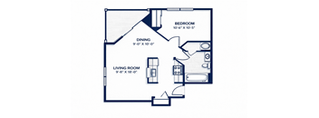 A floor plan of a small apartment with a bedroom, living room, and dining area.