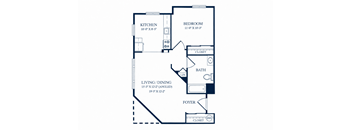 A floor plan of a house with a kitchen, living room, bathroom, and two closets.