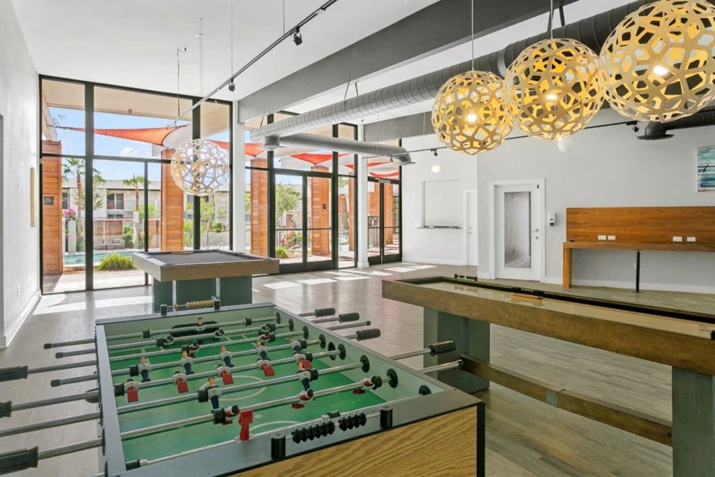 Community game and entertainment room at Sentry Tempe apartments in Tempe near Mesa, Arizona