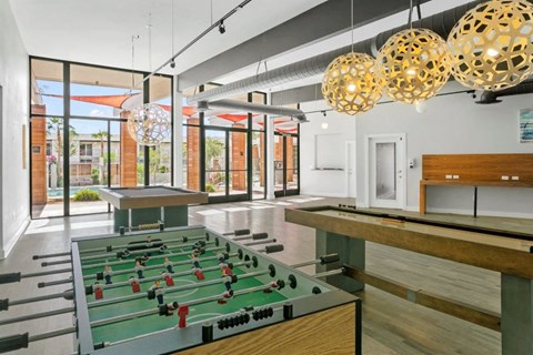 Community game and entertainment room at Sentry Tempe apartments in Tempe near Mesa, Arizona