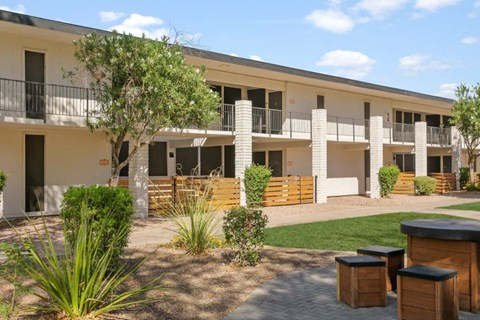 Exterior of pet-friendly apartment building at Sentry Tempe in Tempe near Mesa, Arizona