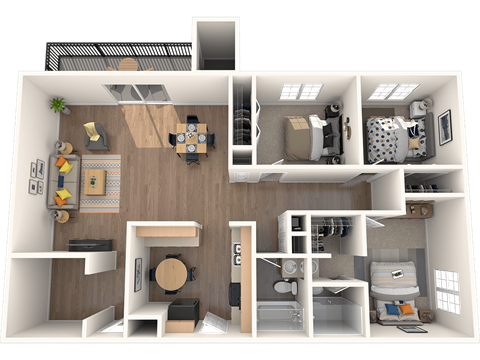 a rendering of a 1 bedroom floor plan with a bathroom and a living room