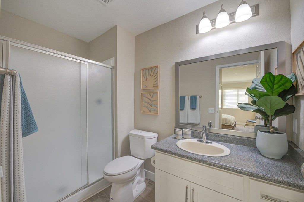 Pet-Friendly Apartments in Moreno Valley, CA - Ardella on Chagall - Bathroom with Frosted Glass Shower Enclosure, Hardwood-Style Flooring, White Cabinetry, Large Framed Vanity Mirror, and Decorative Plant.