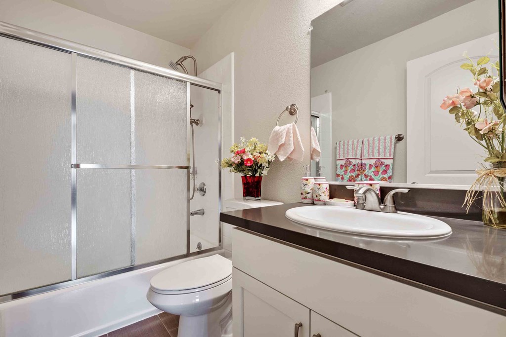 Dog-Friendly Apartments In Daly City, CA - Serra Commons - Bathroom With White Cabinets, Dark Gray or Brown Countertop, Large Shower, and Mirror.