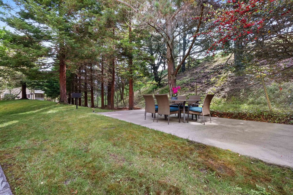 One-Bedroom Apartments In Daly City, CA - Serra Commons - Outdoor Dining Area with Table and Chairs Surrounded By Large Trees And Manicured Grass.