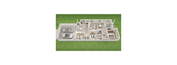 A 3D rendered image of a house layout.
