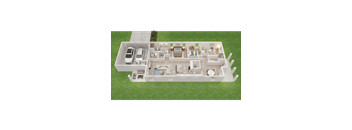A 3D model of a house with a garage and a driveway.